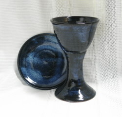 photo of 1st communion pottery set in Neuhaus glaze made by Debra Ocepek of Ocepek Pottery