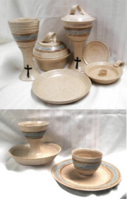 photo of our wheel-thrown ciborium, pouring chalice, host box, candle holder, dish paten, intinction servers in Otoe glaze