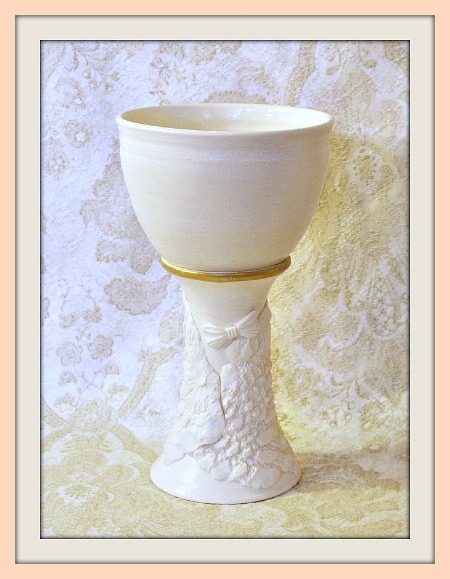photo of white Wedding communion cup with gold band made by Debra Ocepek of Ocepek Pottery wedding chalice goblet