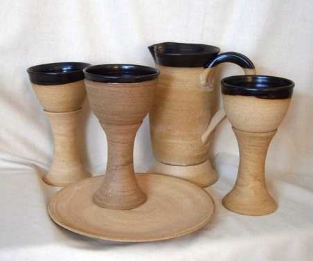 photo of plain rustic lord's supper chalice and paten made by Debra Ocepek of Ocepek Pottery