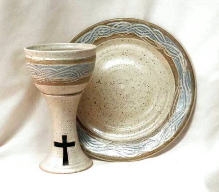 photo of spirit pottery Stoneware Communion pottery set clay chalice and plate in Spirit glaze made by Debra Ocepek of Ocepek Pottery