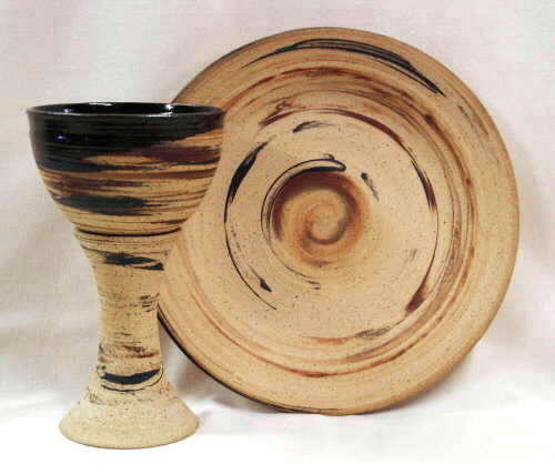 Memorial pattern Lord's Supper communion set clay chalice and plate communion pottery made by Debra Ocepek of Ocepek Pottery Communionware photo of Memorial pattern Lord's Supper set clay chalice and plate communion pottery made by Debra Ocepek of Ocepek Pottery Communionware